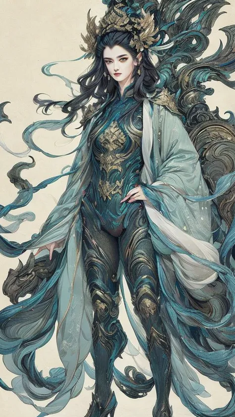 Female Warrior with a Melancholy Face，Wear crimson metal slim-fit combat armor all over，Lake Blue Gradient Long Hair， HD, best quality, Hi-res, super detailed, Super Fine Painting ,  is extremely delicate, Professional, Anatomically Correct, Symmetrical fa...