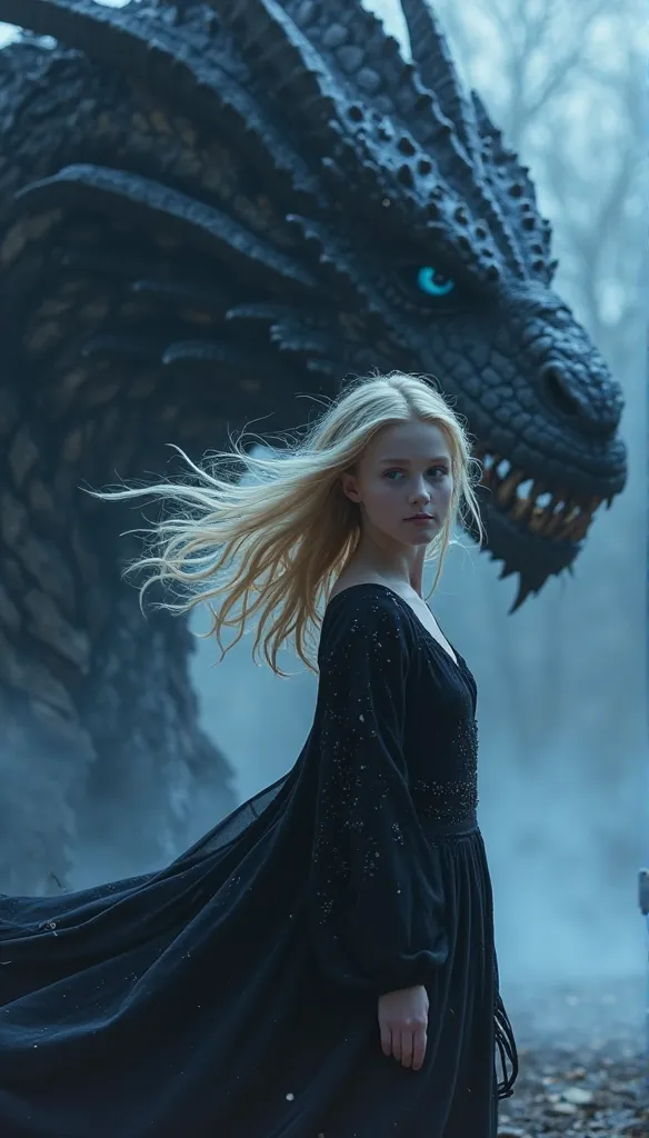 blonde girl,a dress with slits at the hips and long hanging sleeves fly in the wind，Behind her is the head of a giant dark dragon，The girl looks into the distance， smile，bright blue pupils,высокое качество,dark black atmosphere with a blue tone of glow