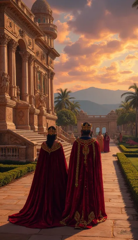 A king and queen of ancient America walk slowly through the grand courtyard of a neoclassical palace, their royal attire adorned with intricate gold embroidery, velvet cloaks, and jewel-encrusted crowns. The palace facade features towering marble columns, ...