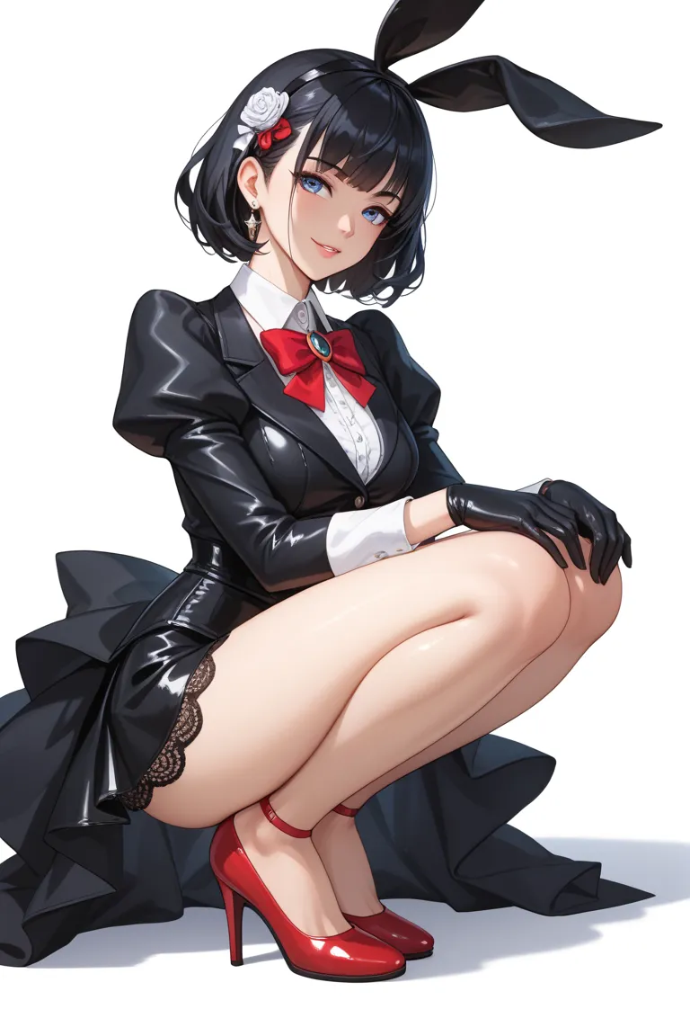 The picture shows an anime girl, dressed in a black latex skirt with lace and lace panties. she is squatting,  with their backs turned . narrow waist embossed figure, graceful legs.
The image composition is constructed in such a way, that The girl's figure...