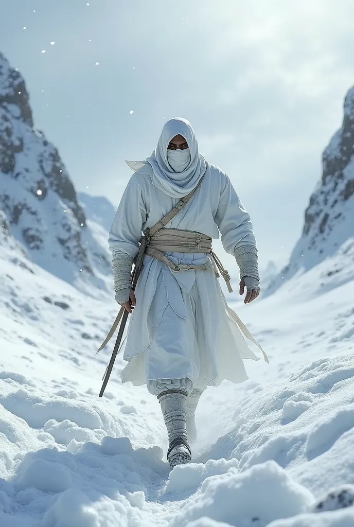 Sneaky Warrior Man, wearing white clothes as armor with a white handkerchief covering her face on top of a frozen mountain 