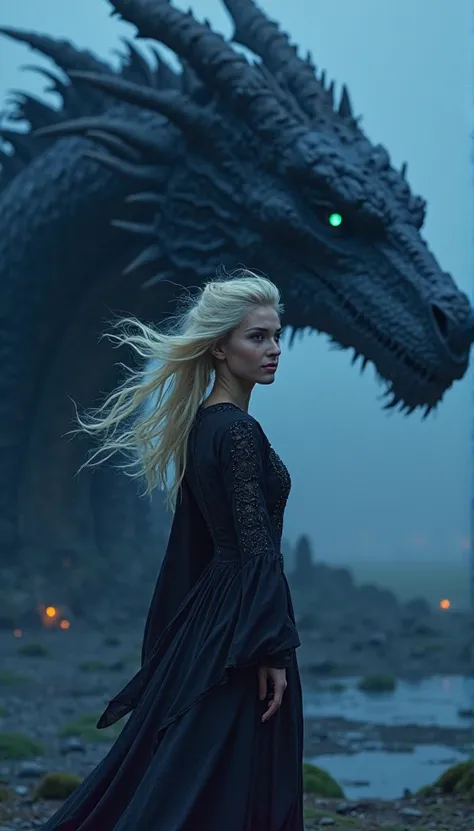 blonde girl,a dress with slits at the hips and long hanging sleeves fly in the wind，Behind her is the head of a giant dark dragon，The girl looks into the distance， smile，bright blue pupils,высокое качество,dark black atmosphere with a blue tone of glow,bri...