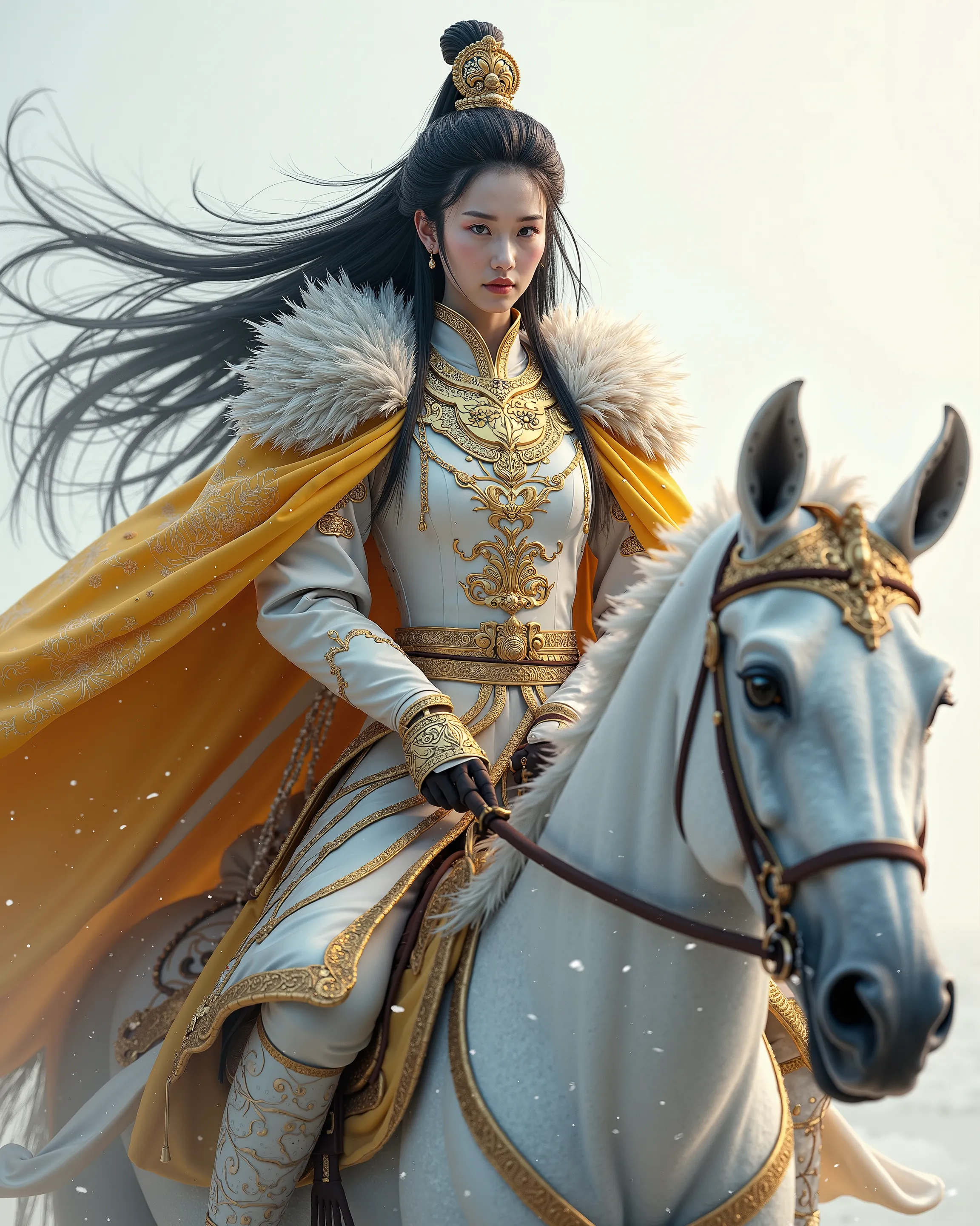 realism,high definition,super detailed,major,realism写照,realism,4K,8k,extreme detail,physical rendering,murderous face,long black hair,white gold phoenix armor,yellow and white feather cape,riding a white horse,Hand in hand a war spear,battlefield charge,ba...