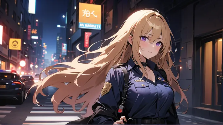 1 girl, alone, solo,
((Top Quality、High Resolution、 highly detailed 8k wallpaper))

purple eyes, long hair,blonde hair,medium boobs,Hair between the eyes,mature,

an American female police officer、negotiating with the culprit with a nervous expression。wear...