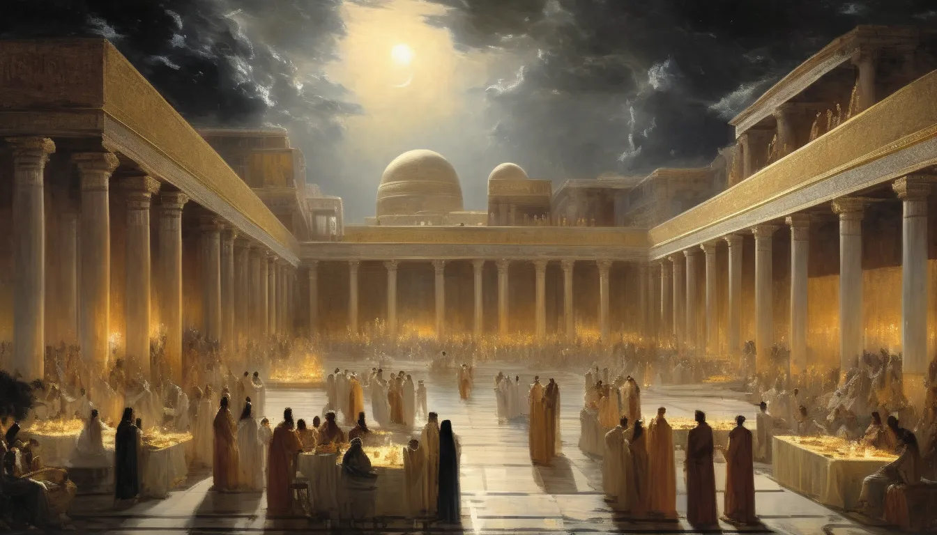  a Romantic-style painting of a grand Babylonian palace at night, with towering columns and a vast courtyard filled with a chaotic crowd of figures in flowing ancient robes. The scene is illuminated by a dramatic golden divine light breaking through a stor...