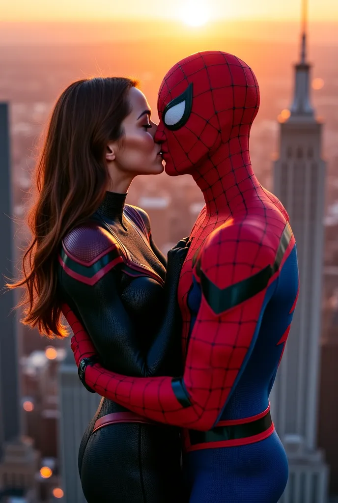 "A stunning and cinematic romantic scene set high above a city skyline at sunset. Spider-Man, in his iconic red and blue suit, holds a female superhero in a tight embrace as they share an intimate moment. The Catwoman, resembling a mix of Black Cat and Spi...