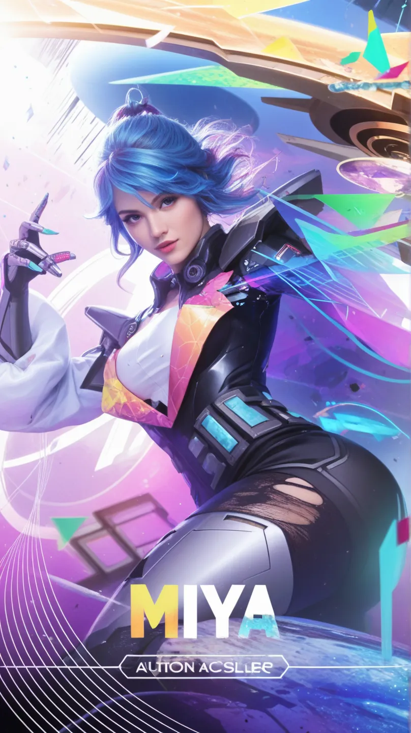 The image features a stylized character with blue hair, wearing a futuristic outfit with a purple and blue color scheme. The character is set against a vibrant, colorful background with geometric shapes and musical notes, giving it a dynamic and energetic ...