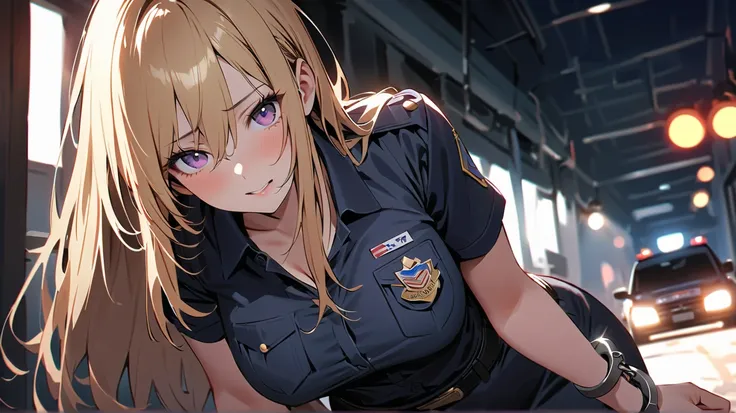 1 girl, alone, solo,
((Top Quality、High Resolution、 highly detailed 8k wallpaper))

purple eyes, long hair,blonde hair,medium boobs,Hair between the eyes,mature,

an American female police officer、negotiating with the culprit with a nervous expression。wear...