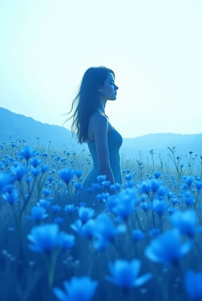 Silhouette of a woman, blue flowers