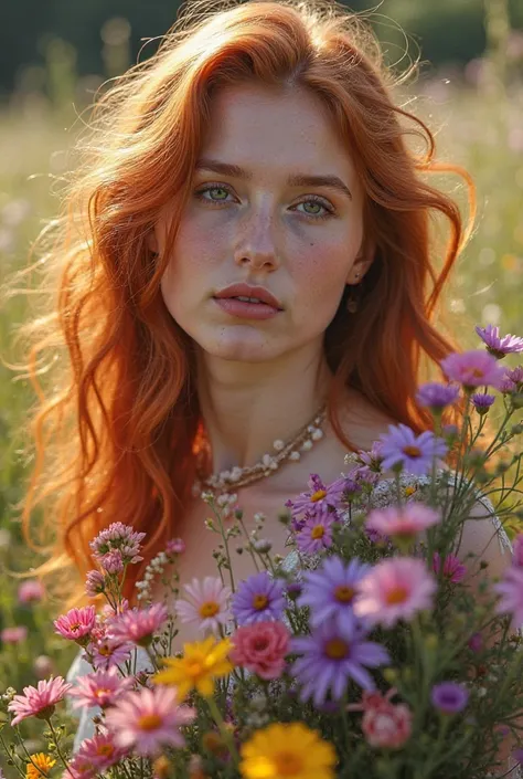 Beautiful redhead girl 25-30 years old with red wavy long hair With a full-length bouquet of wildflowers against a green field