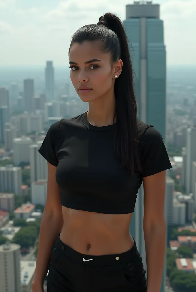 A white Brazilian girl wearing a tight black shirt with a large straight black hair tied up a dubious Brazilian woman in plain black shorts and wearing Nike sneakers on the top of a building 