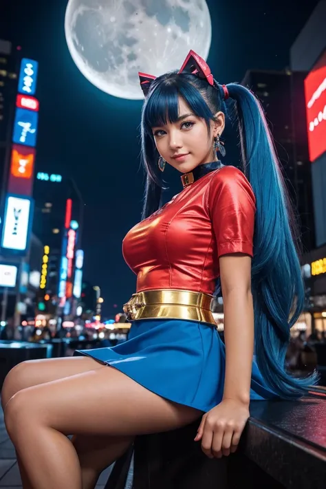 (masterpiece, best quality;1.3), extremely detailed ,ultra detailed,  1GIRL,solo,  twin tail,  large breast, evil smile, gundam(rx78), science fiction, mecha, , blue hair, solo, hair ornament, long hair, twin tail, gold eyes, jewelry, earrings, looking at ...