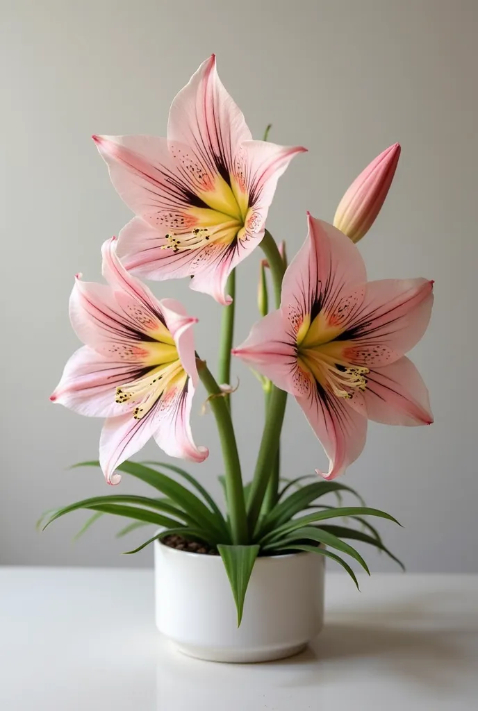 Soft pink amaryllis flowers striped black with yellow center in pot