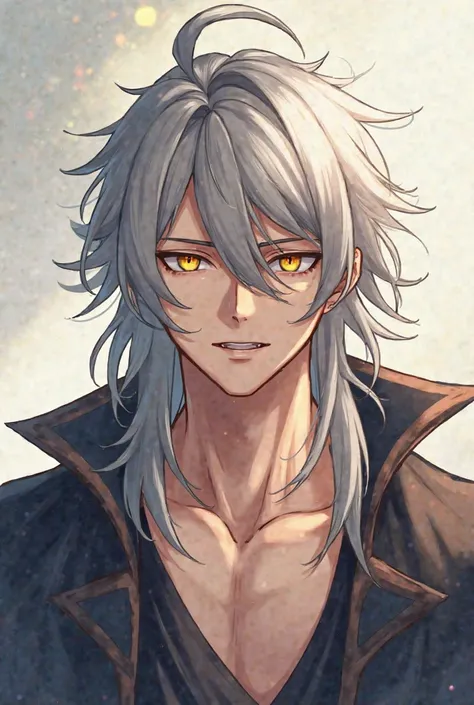  Adult man, anime, video game, loose long gray hair, cabello largo,  loose hair, Yellow eyes,  golden eyes, slightly tanned pale skin, butterfly bangs, open bangs, a lock sticking out of his head, tonificado, muscular