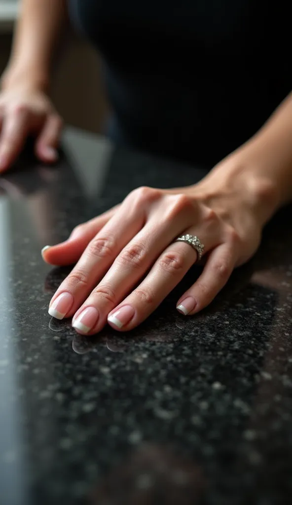 A zenithal frame of a woman resting her hand on a polished black granite countertop, with nude enameled nails and fine rings that reflect light.  Her posture transmits security , as the stone becomes a reflection of her presence: solid, sophisticated and u...