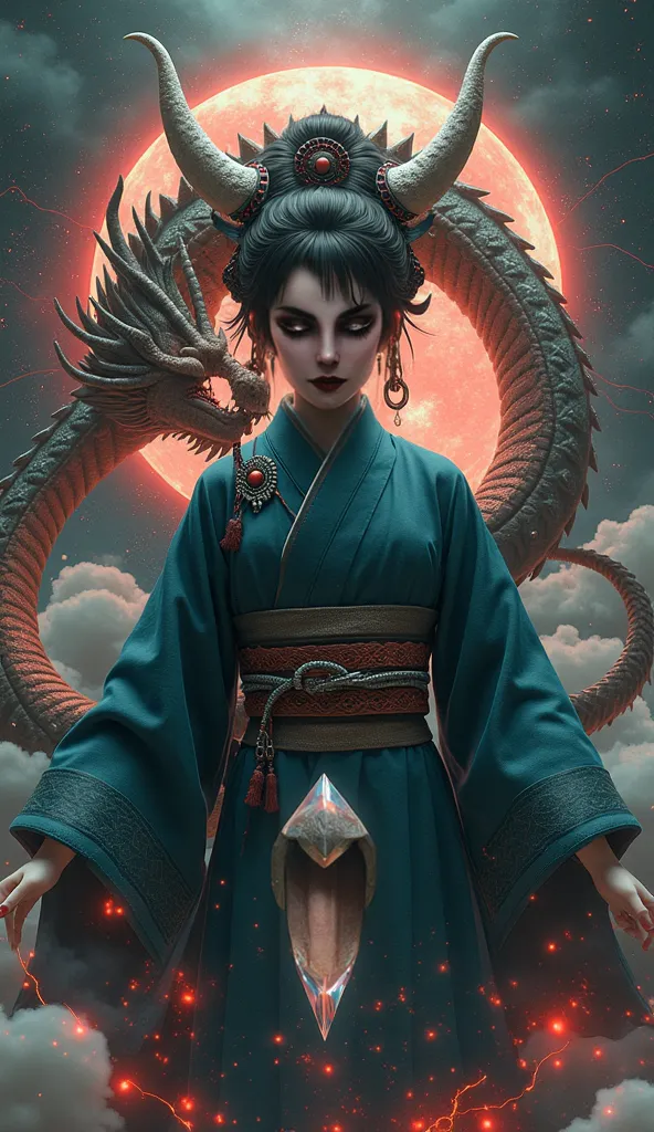 Female figure (age:2.1), (ethnicity:1.1),  in traditional Japanese kimono (detailed clothing:1.2), (accessories:1.1) with  dark teal-blue color, atop a stylized dragon (detailed design:1.3) , (body type:1.1),  with geometric patterns and glowing red accent...