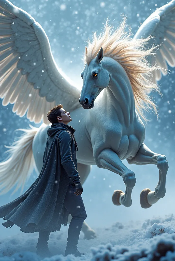 on the human. As tension builds, a swirling snowstorm envelops them. In synchronized movements, the two approach and merge, their textures blending seamlessly into a hybrid form.

The pegasus's glowing wings expand as the human's muscular torso dominates, ...