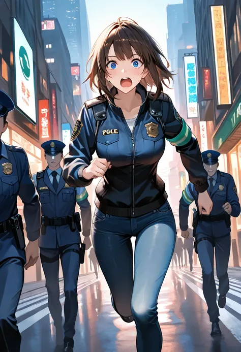 masterpiece, top quality,Very aesthetic , very high resolution, best quality, the protagonist, 1 male, running, city street, jacket and jeans, Behind him, several female police officers chasing, Dynamic angles, city, surprised face, man in the center, uppe...