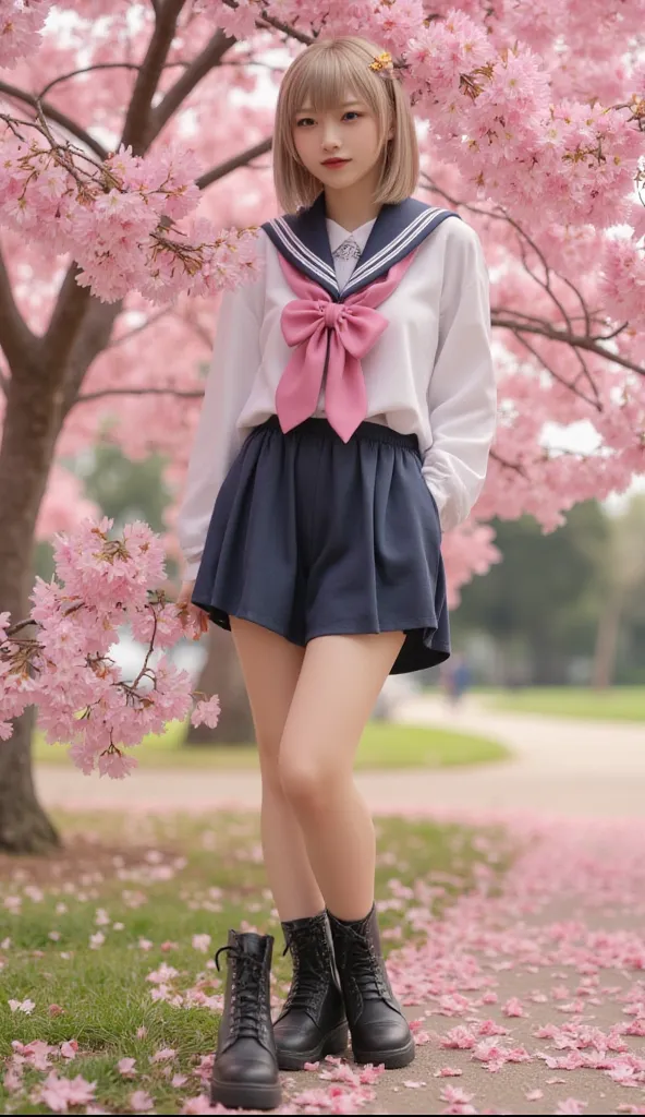 Japanese Figure、18-year-old female、medium hair、blonde short bob、 full body depiction、 High School Girl Uniform、Mini Skirt and Boots Short、 hair ornament 、Walking Through Hell、A beautiful woman is walking through a cherry blossom tree々の中を歩いている、Ultra-realist...