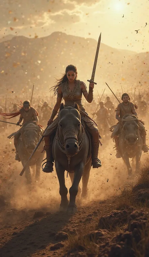 On a battlefield surrounded by hills, Rani Durgavati leads her army. Elephants charge, arrows fly, and swords clash. She fights fearlessly, cutting through enemy lines."