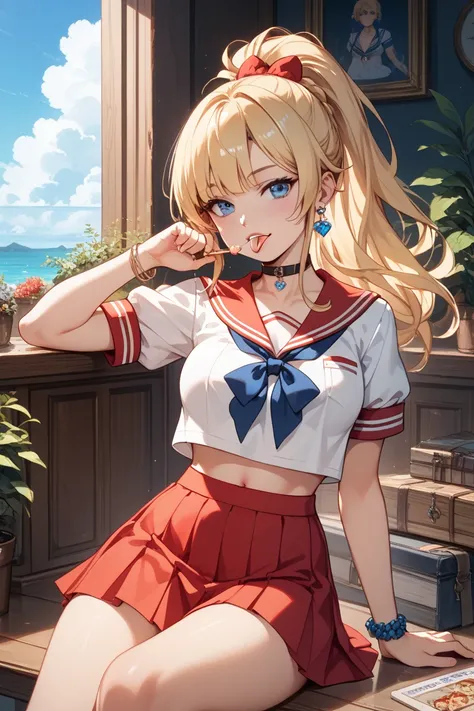 blonde long、ponytail
blue eyes
A sailor suit that shows off your belly
short skirt
I have a small piercing jewel on my belly button、It's sparkling
There is also a small piercing jewel on the tongue、Seen
Hermaphrodite、My skirt is creaking up and my dick is ...