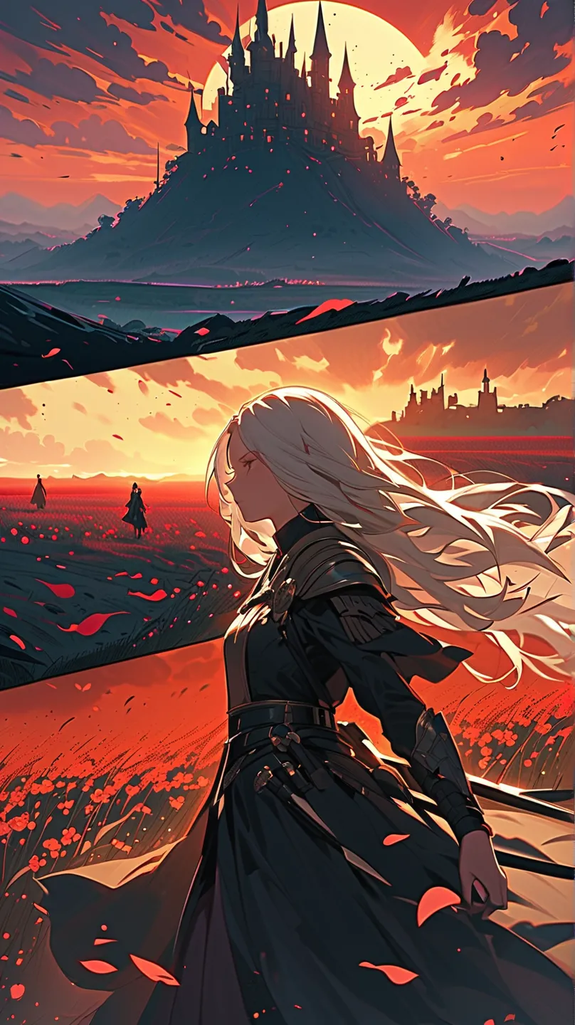 Amidst the vast landscape of the battlefield, the sky is a mixture of a blazing sunset and a faint, still blue sky, symbolizing the gap between war and peace. Swords and shields are scattered on the desolate land, and smoke from war rises in the distance. ...