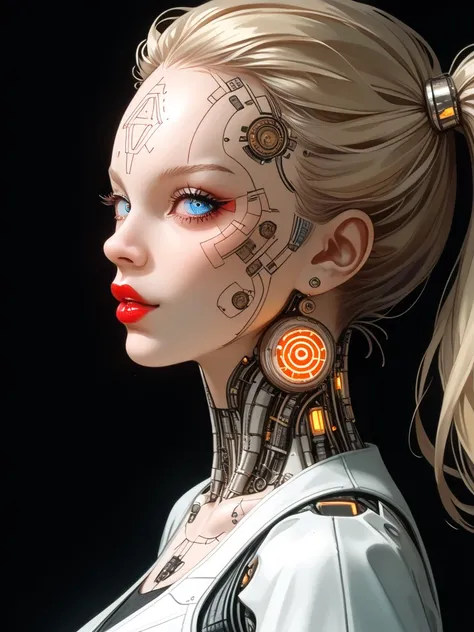 masterpiece, best quality, very aesthetic,abstract, 1girl, semi side view, full body, large forehead, she stares at the viewer, voluptuous full red lips, Vibrant digital art, anime-inspired character, swirling neon colors, abstract shapes, psychedelic, int...