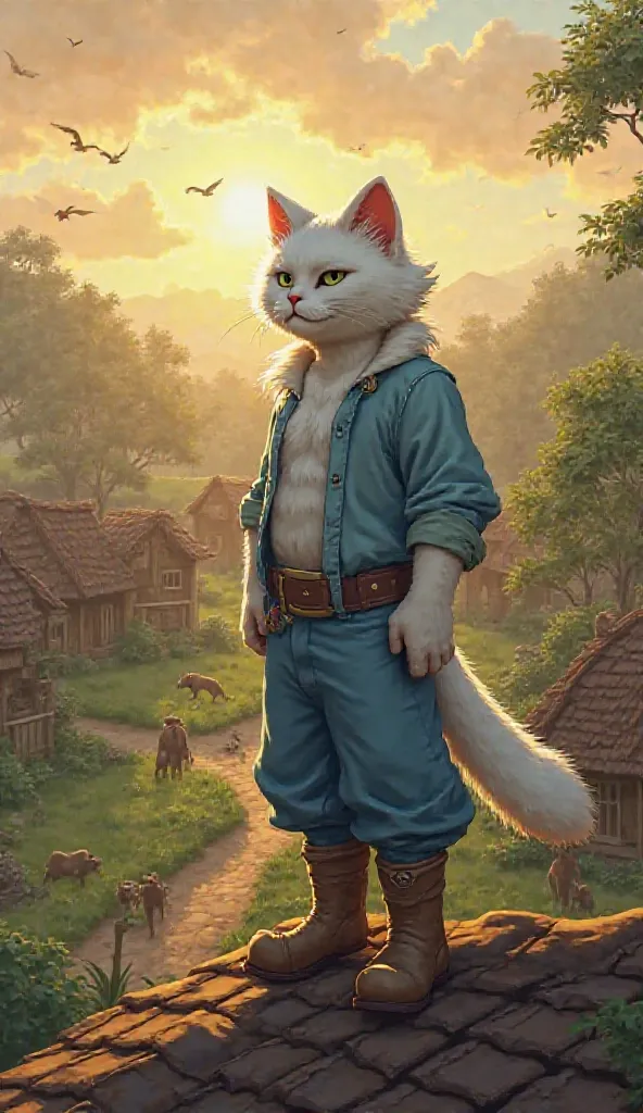 Background: A serene village with small wooden houses, lush green fields, and birds chirping. The sun rises, casting a golden glow. Villagers are waking up, and animals roam freely.

Scat : A determined super-powered male cat with pristine white fur, sharp...