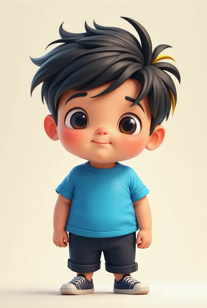 A  boy with mild obesity, Wear a blue t-shirt, black pants, black hair with golden tips and that looks like a cartoon