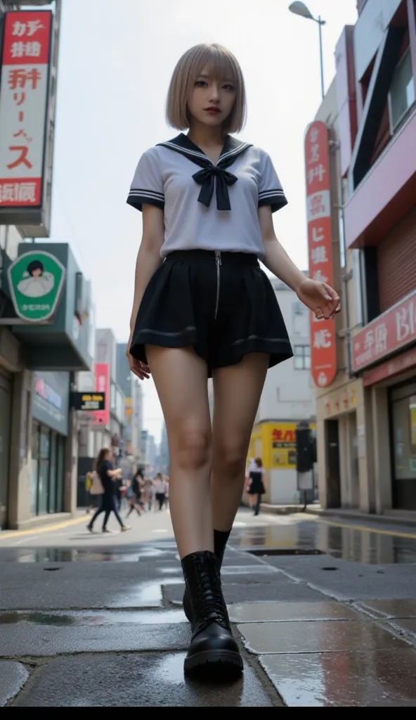 Japanese Figure、18-year-old female、medium hair、blonde short bob、 full body depiction、High School Girl Short Sleeve Uniform、Mini Skirt and Boots Short、 hair ornament 、Walking Through Hell、Beautiful Woman Is Walking Through a Futuristic Cyberpunk Streetscape...