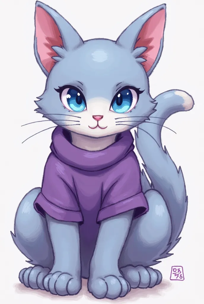 there is a drawing of a cat with blue eyes and a purple shirt, a pastel inspired by Pearl Frush, trending on deviantart, furry art, furry art!!!, sfw version, fullbody commission for, very very beautiful furry art, thicc, pov furry art, (sfw) safe for work...