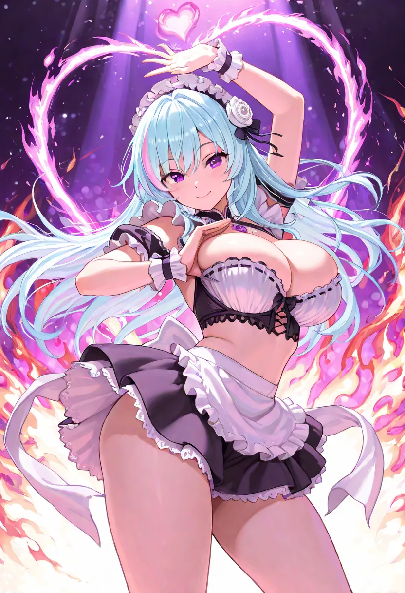 masterpiece,amazing quality,best quality,ultra-detailed,8k,illustration,CG,　 1girl , Tell me about 1 beautiful girl who accentuates her breasts with vowels, Lolita Style, light blue hair color ,highlights hair, smoky pink streaked hair,smile,White rose hai...