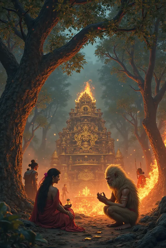 In cinematic 3D anime style "A dark and mysterious Ashoka grove in Lanka, surrounded by tall trees and demon guards in black armor. Sita, a sorrowful woman in a red sari, sits under a tree, looking sad. In front of her, Hanuman, a mighty Vanara warrior wit...