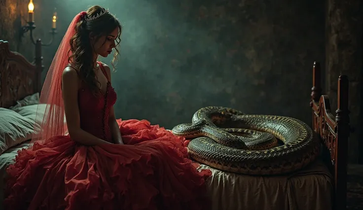 A dramatic and eerie scene of a wedding night. A young bride in a red bridal dress sits on a traditional wedding bed, waiting nervously. Beside her, a large, terrifying snake coils, its eyes glowing in the dim light. The room is dark but with enhanced brig...