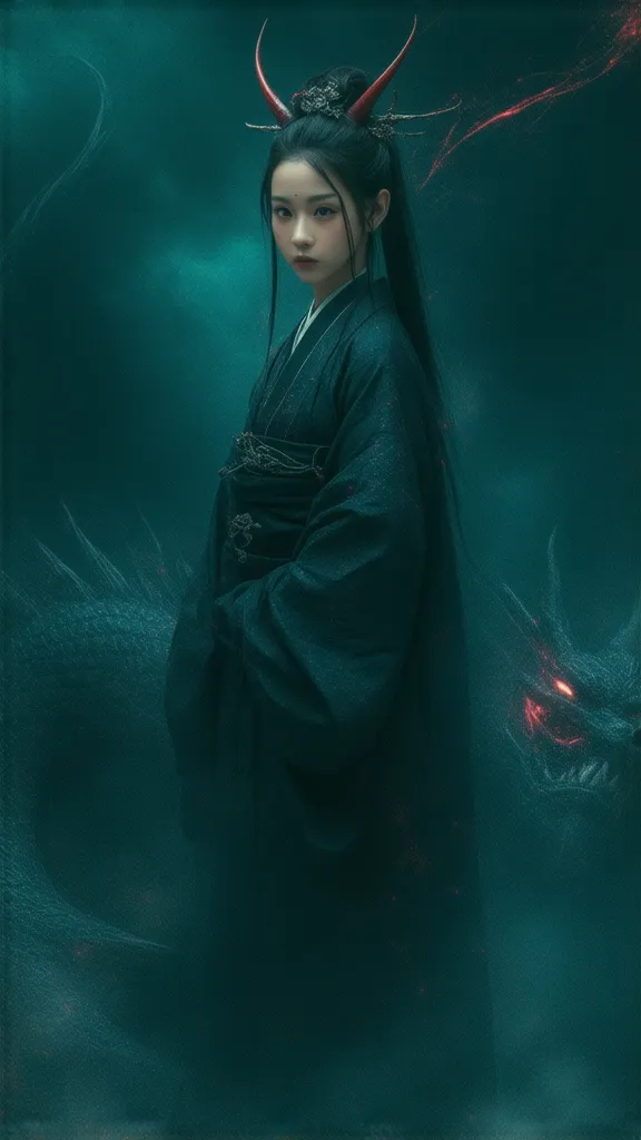 Female figure (age:2.1), (ethnicity:1.1),  in traditional Japanese kimono (detailed clothing:1.2), (accessories:1.1) with  dark teal-blue color, atop a stylized dragon (detailed design:1.3) , (body type:1.1),  with geometric patterns and glowing red accent...