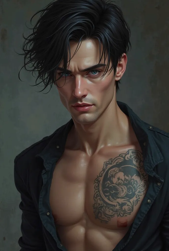 Black-haired man, white skin, big blue eyes, long black eyelashes, turns around and smiles lasciviously, while taking off his shirt exposing his big tattooed muscles