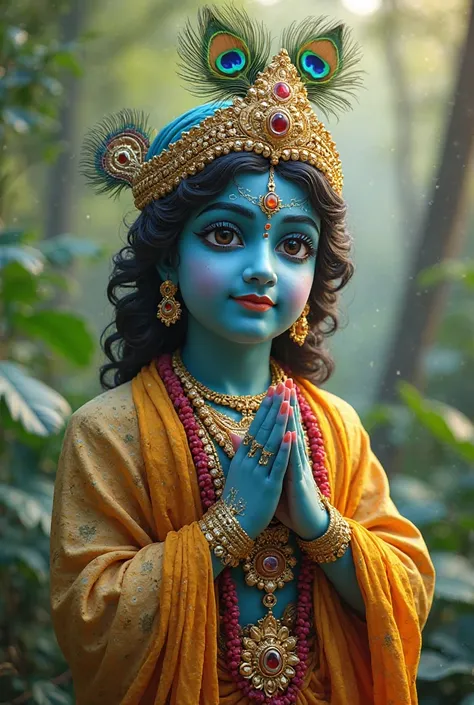 "Ek sundar aur divine image of Bhagwan Krishna, jisme wo peacock feather ke sath apni bansuri bajate hue dikh rahe ho, ek lush green van mein, suraj ki roshni se aati hui chamak ke saath. Unki roop mein shanti aur prem ka ahsas ho, aur unke chehre par musk...