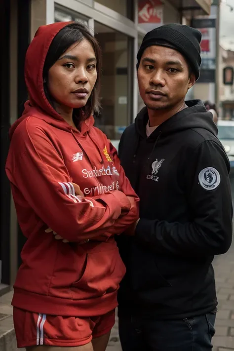 A 50-year-old man , and a 40-year-old woman in a hood, and a 20-year-old in a hood, indonesian , wearing a liverpool jersey