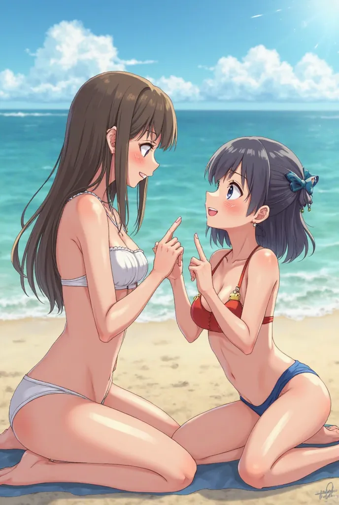 A completely naked anime girl inserts her finger into the finger of her friend lying on the seashore