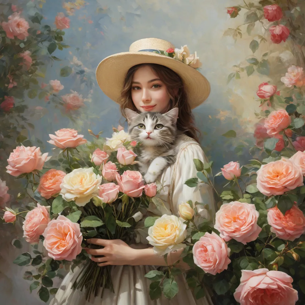 Summer Morning、I'm holding a bouquet of roses 、Alena Lemar style、A happy anthropomorphic kitten in a lovely hat、 beautiful flowers 々Surrounded by paintings  (professional painting, Dynamic Poses, dynamic composition, Dynamic Lighting,  Realistic Proportion...