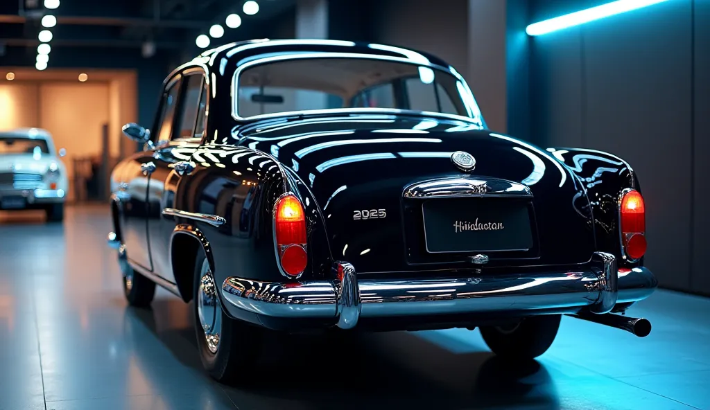    distance back view of a (2025 Hindustan Ambassador )in a strikingly shiny gleamy rad finish, prominently displayed in a modern car showroom with vibrant  that enhances its glossy surface. The car gleams with a mirror-like shine, reflecting the showroom ...