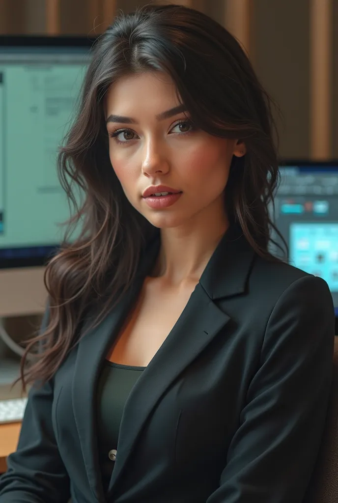 Create an ultra realistic model of a woman on the computer with a blazer for Whatsapp profile picture with a realistic computer 