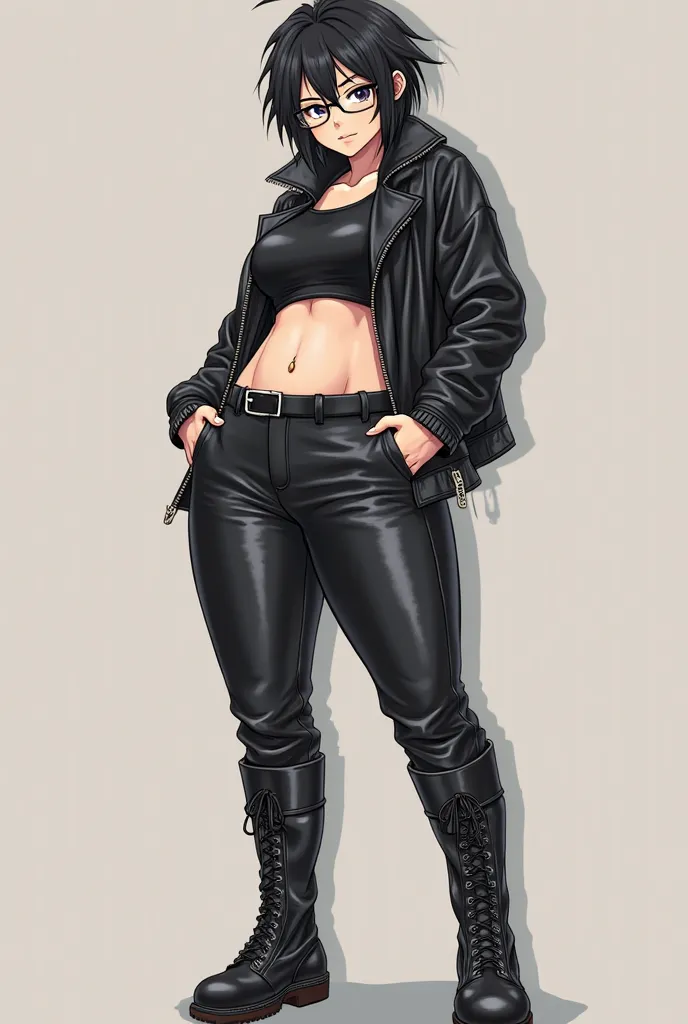  anime character, single character, leather pants, belt, tight high boots, androgynous, boots, posing for a picture, black shiny leather, bellybutton, tousled boyish hair, crotch, wearing glasses, little chubby, Anime character, plus-sized tomboy, black ha...