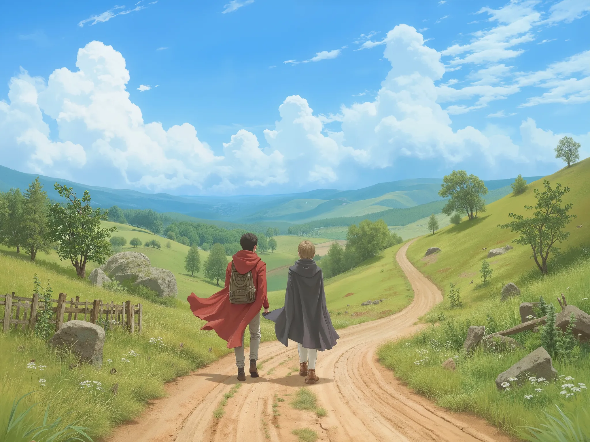 Two anime-style adventurers walking away on a winding dirt road, back view, fantasy landscape with rolling hills, cloaks fluttering in the breeze, bright daylight, cinematic anime lighting