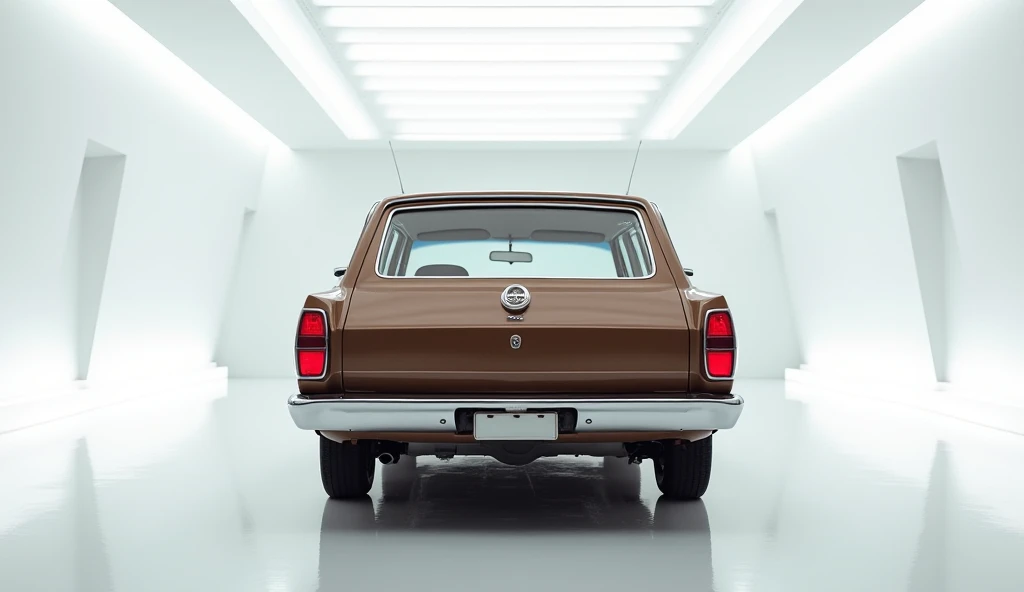 
"A fully detailed vintage station wagon captured from the back side, parked inside a high-end, ultra-modern showroom. The car has a classic 1960s-1970s design with round taillights, a chrome rear bumper, and a retro aesthetic. The tailgate features a simp...