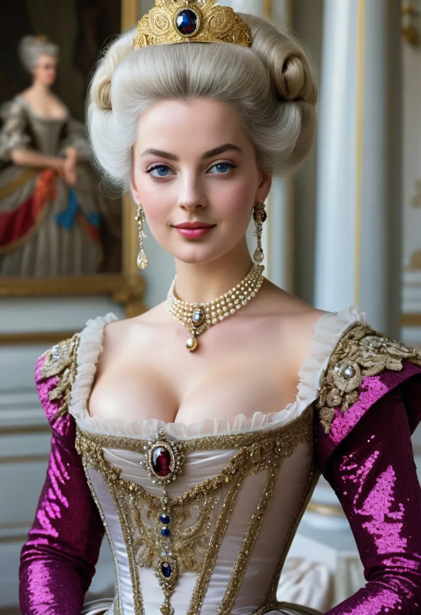 An authoritative real photo of a beautiful and celestial and majestic young Marie Antoinette who is an honorable royal queen of france with large elegant, hawk-like-nose, who embodies old fashioned class, intense sophistication, intense elgance as well as ...