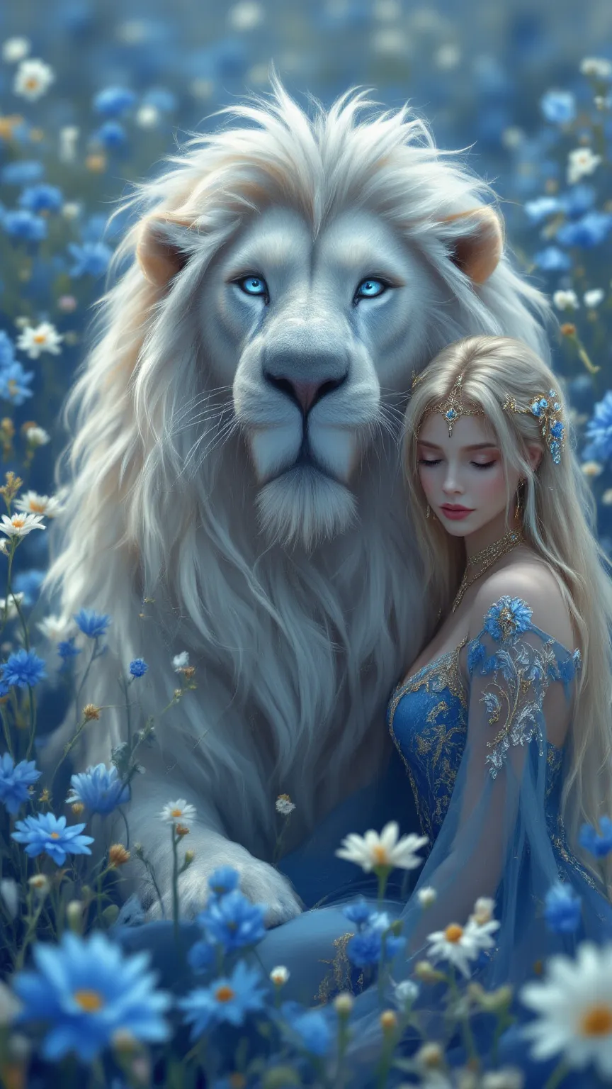 “In a dreamlike blue meadow, a blue-eyed albino lion gazes forward, with a long-haired blonde maiden resting her head against it. She wears an opulent blue Rococo-era queen dress adorned with gold and white embroidery.”