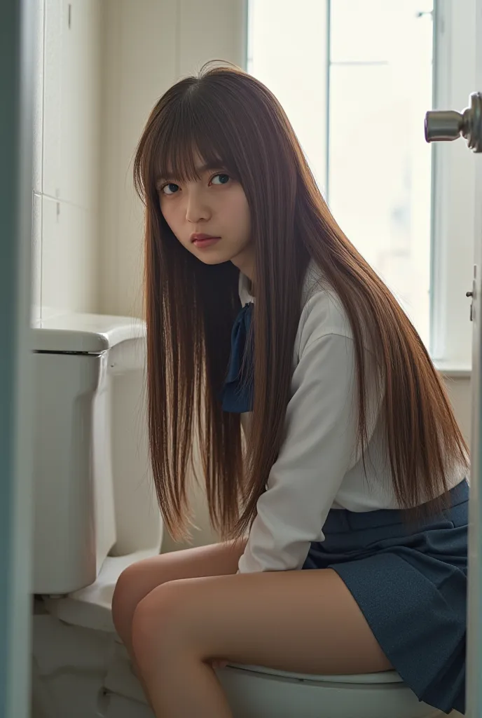 high resolution pictures,8k,masterpiece,best quality, detailed description, photorealistic, complicated details,  natural light,1 girl,Asuka,long hair, school uniforms,viewers, from the front ,toilet,  she's crying,Leaning on the toilet