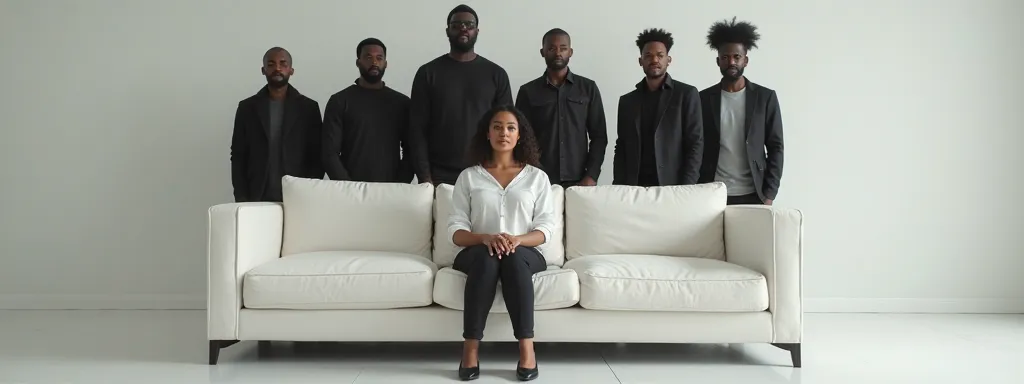 a white woman sitting on a white couch, And 5 black men (not seated) behind the couch.