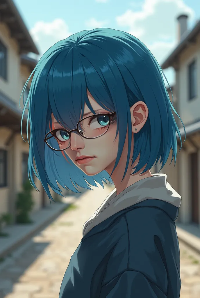 Girl 16 blue hair glasses sharp thin features in small town